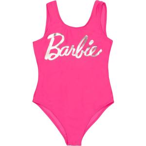 Barbie Girls One Piece Swimsuit, Cross-Back Bathing Suit Logo, Quick-Drying Kids Swimwear for The Beach or Pool (Pink, Size 7/ 8)