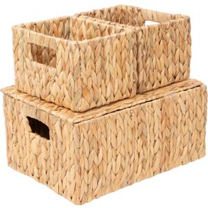 Water Hyacinth Storage Baskets with Handles Set of 3, Handmade Natural Woven basket with lid, Rustic Farmhouse Style for Shelf Home Organization