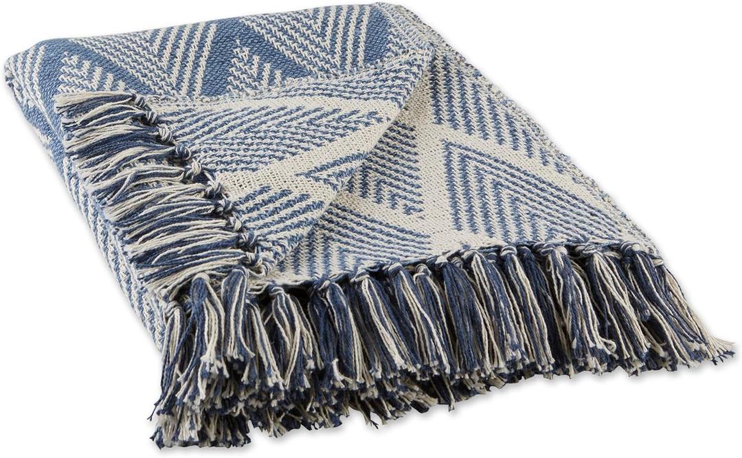 DII Diamond Throw Collection Fringed Woven Cotton Blanket, 50x60, Denim Blue