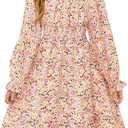 Haloumoning Girls Fall Long Sleeve Floral Dresses Kids Square Neck Smocked Holiday Party Dress 7-8 Years Red Yellow