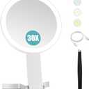 B Beauty Planet 30x/1x Magnifying Travel Mirror with Light, Double-Sided Rechargeable Adjustable Brightness 3 Colour Lighting, Folding, Handheld/Hangable/Tabletop, 3 Ways Using Mirror, White