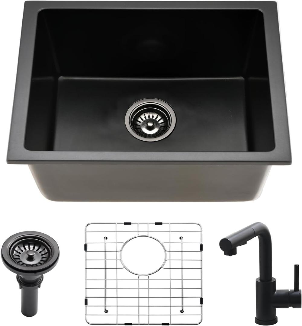 22 Inch Black Undermount Kitchen Sink Quartz Wet Bar Sink Small Single Bowl Kitchen Sink with Faucet, 22"L x 17"W x 10"D