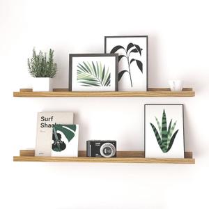 Oak Floating Shelves for Wall Decor, 36 in Shelf with Lip, 2 Set | 4.5" Deep Display Picture Ledge Shelf, Long Wall Mounted Storage Shelves for Bedroom, Bathroom, Living Room, Kitchen, Nursery