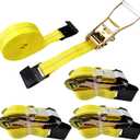 KJE Flat Hook Ratchet Straps,4 Pack Heavy Duty Tie Down Straps 2" x 27' Weather Resistant Cargo Strap 3,333 Pound Working Load Limit for Flatbed, Truck, Trailers Pickup (Yellow)