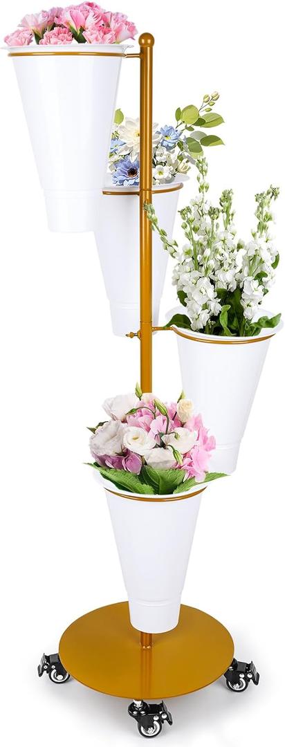 Flower Display Stand With Buckets,Rotatable Flower Cart Display Stand with Wheels,Flower Bar Stand for Florist Garden Wedding Home Decor (Gold)