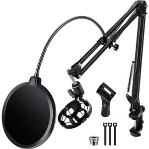 BILIONE Microphone Stand, Mic Boom Arm Stand for Blue Yeti QuadCast S SoloCast Snowball AM8 and other Mics, with Pop Filter Shock Mount Microphone Clip Cable Ties