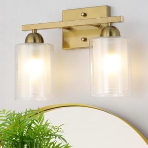Stainless Steel Bathroom Vanity Light Over Mirror, 2 Light Brushed Gold Bathroom Light Fixtures with Milk Glass and Clear Glass Shades, Modern Vanity Lighting Wall Mount, Brushed Gold