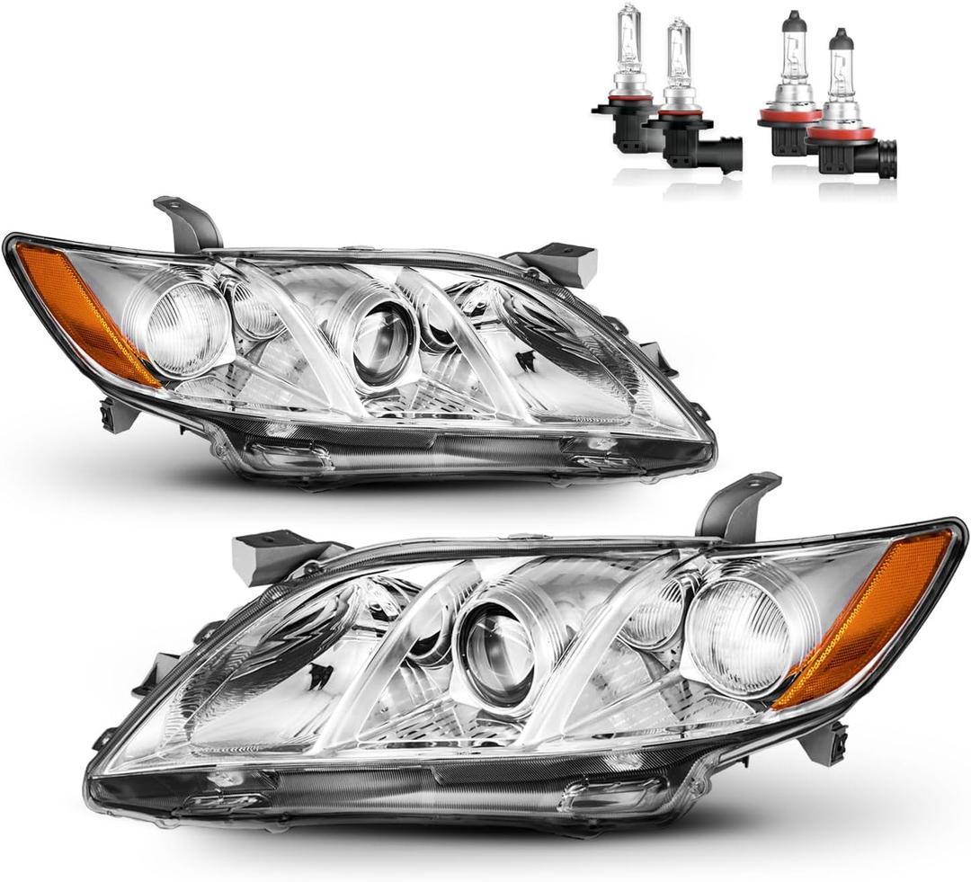 Headlights Assembly for 2007-2009 Toyota Camry, Headlights Assemblies for 2007 2008 2009 Toyota Camry US Version Driver & Passenger Side (OE Replacement, Polished Chrome | With High & Low Beam Bulbs)