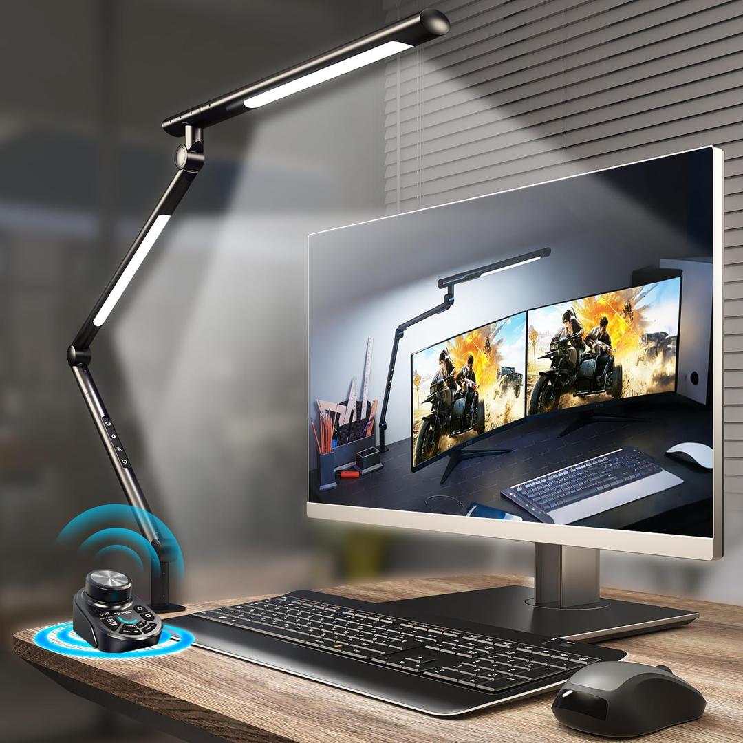 Adjustable LED Desk Lamp Modern Black - Clamp Mount Office Table Light with Desktop Remote Control, Adjustable Brightness & Color Temperature, 5 Lighting Modes for Reading, Computer, DIY