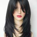Black wig with bangs Layered Wigs for white Women black hair wig Synthetic Wigs Flow out Curl for White Women (Black)