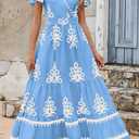 PRETTYGARDEN Womens 2026 Summer Casual V Neck Boho Maxi Dress Flowy Aline Bell Sleeve Tiered Floral Dresses with Pocket (Blue, L)