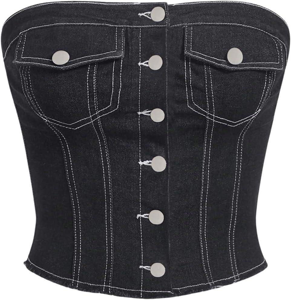 MakeMeChic Women's Jean Corset Tops Denim Tube Top Strapless Cowgirl Vest