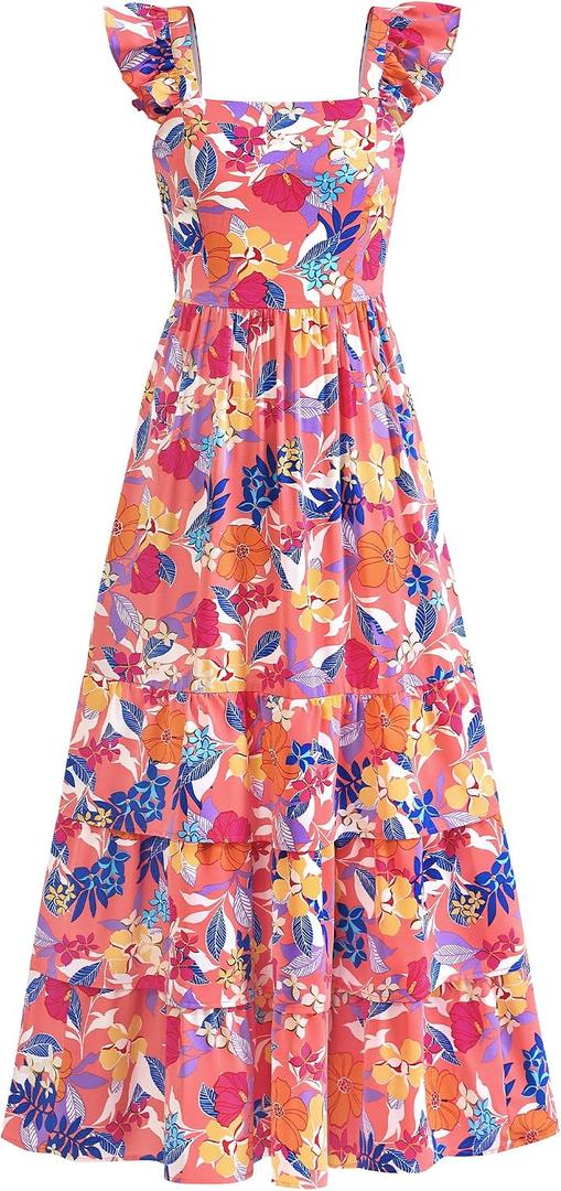 dowerme Summer Dresses for Women 2026 Casual Ruffle Smocked Tiered A-Line Boho Floral Maxi Beach Sun Dress with Pockets(Pink Orange Flower, Medium)