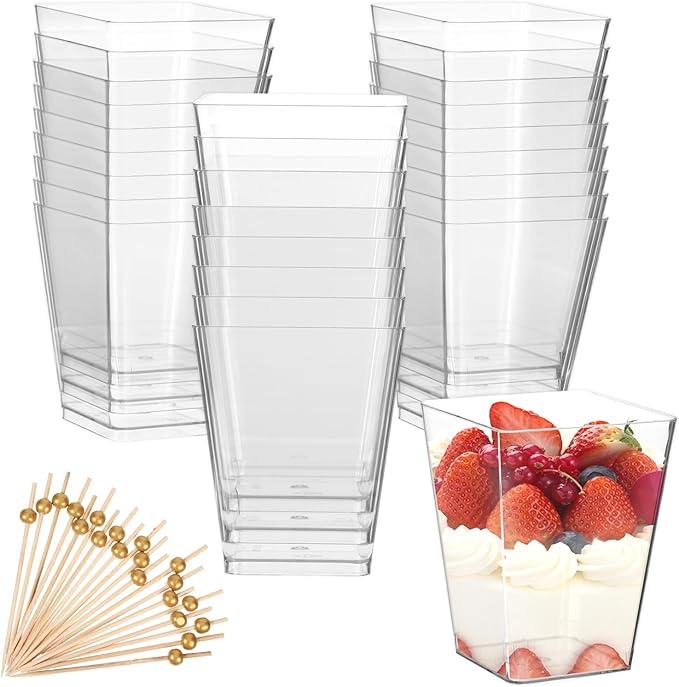 25 Pack 8 Oz Square Plastic Cups, Appetizer Dessert Cups Clear Plastic Disposable Small Tumbler for Ice Cream, Fruit Puddings, Desserts, Appetizers Wedding Party Catering Supplies