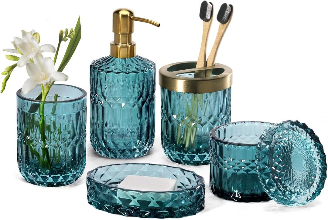 EMPO 6PCS Bathroom Clear Glass Accessories Set (Lotion Soap Dispenser, , Toothbrush Holder, Tumbler, (4pcs Ocean Teal Blue)
