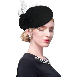 Wool Fascinator Pillbox Hat Winter British Wool Felt Hat for Women Wedding Church Hat Flower Fedoras (2006 Black)