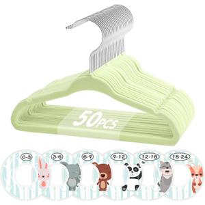 VIS'V Baby Hangers, 11 Inch Velvet Kids Hangers with 6 Pcs Clothes Size Dividers, Infant Toddler Nursery Closet Organization, Non Slip, Lime Green, 50 Pcs