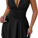 FEOYA Womens Sexy Halter Dress Deep V Backless Flowy Adjustable Tie Neck White Dress Ruffle Hem Club Party Mini Dresses M