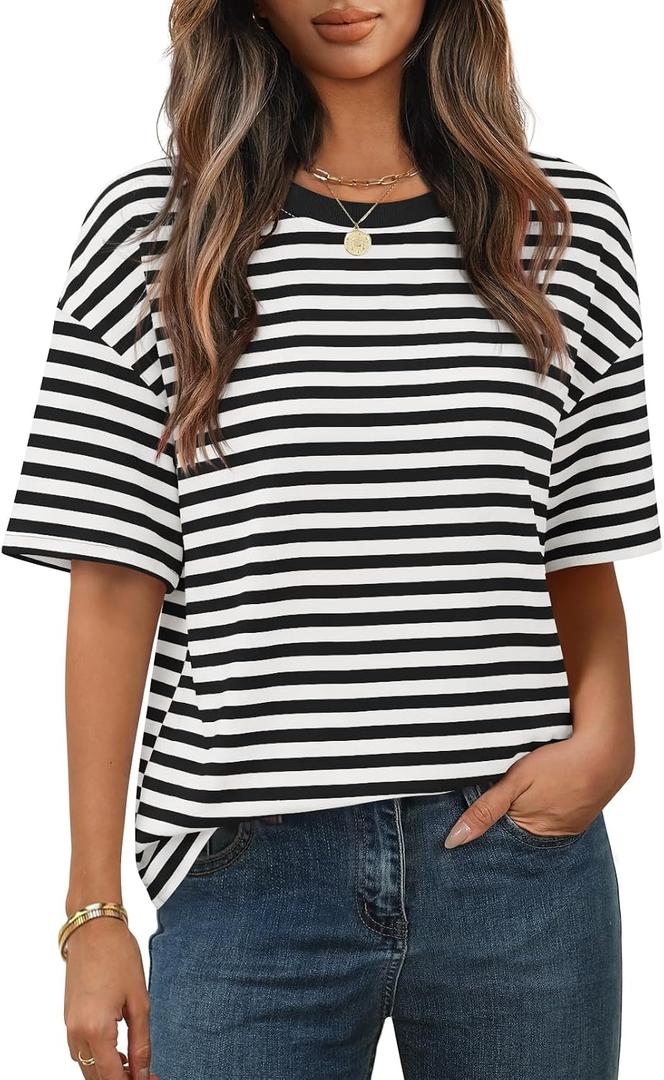 MEROKEETY Women's 2026 Summer Short Sleeve Tops Casual Colourful Striped Crewneck Loose Work T Shirts Blouses, Blackwhite, S