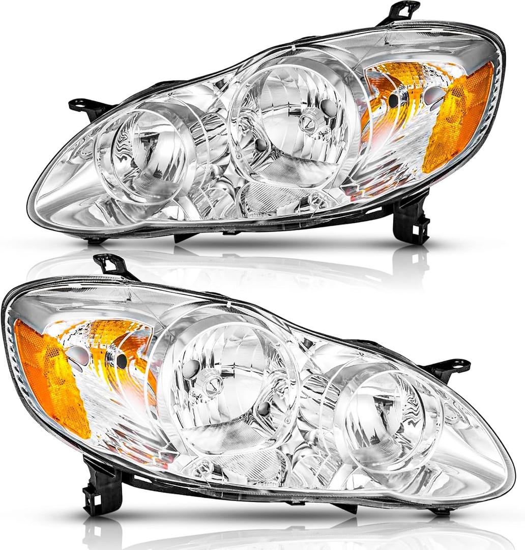 Headlights Assembly Pair for 2003-2008 Toyota Corolla S/CE/LE/XRS Sedan Headlamps Head Lights Replacement Driver and Passenger Side,Chrome Housing Amber Reflector Clear Lens