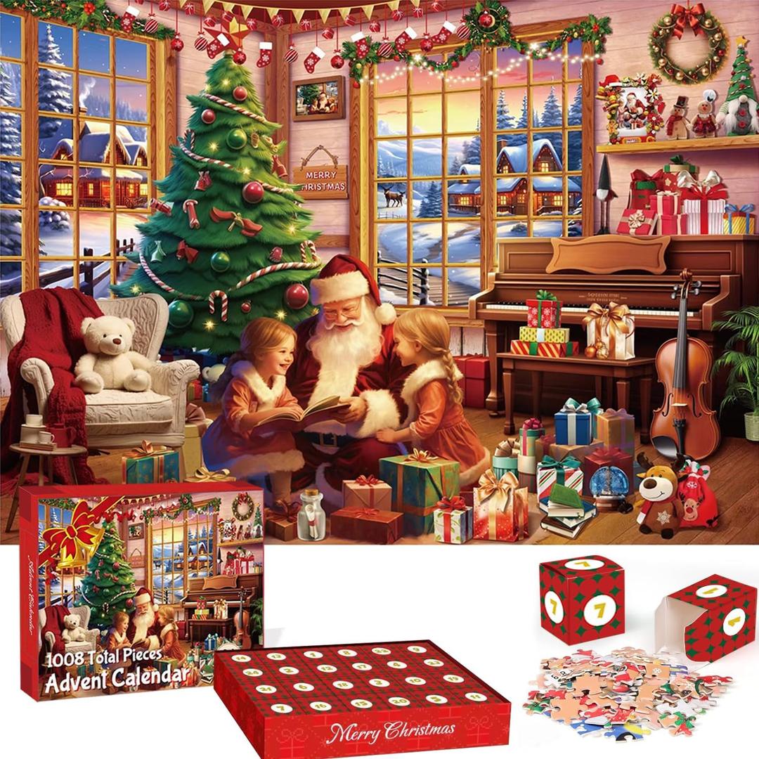 Christmas Advent Calendar 2025 Jigsaw Puzzles - 27.6 in x 19.7 in Christmas Fireplace 1008 Pieces Holiday Puzzles for Kids and Adults, 24 Boxes Puzzle Countdown Calendar to Christmas Family Toys Gift