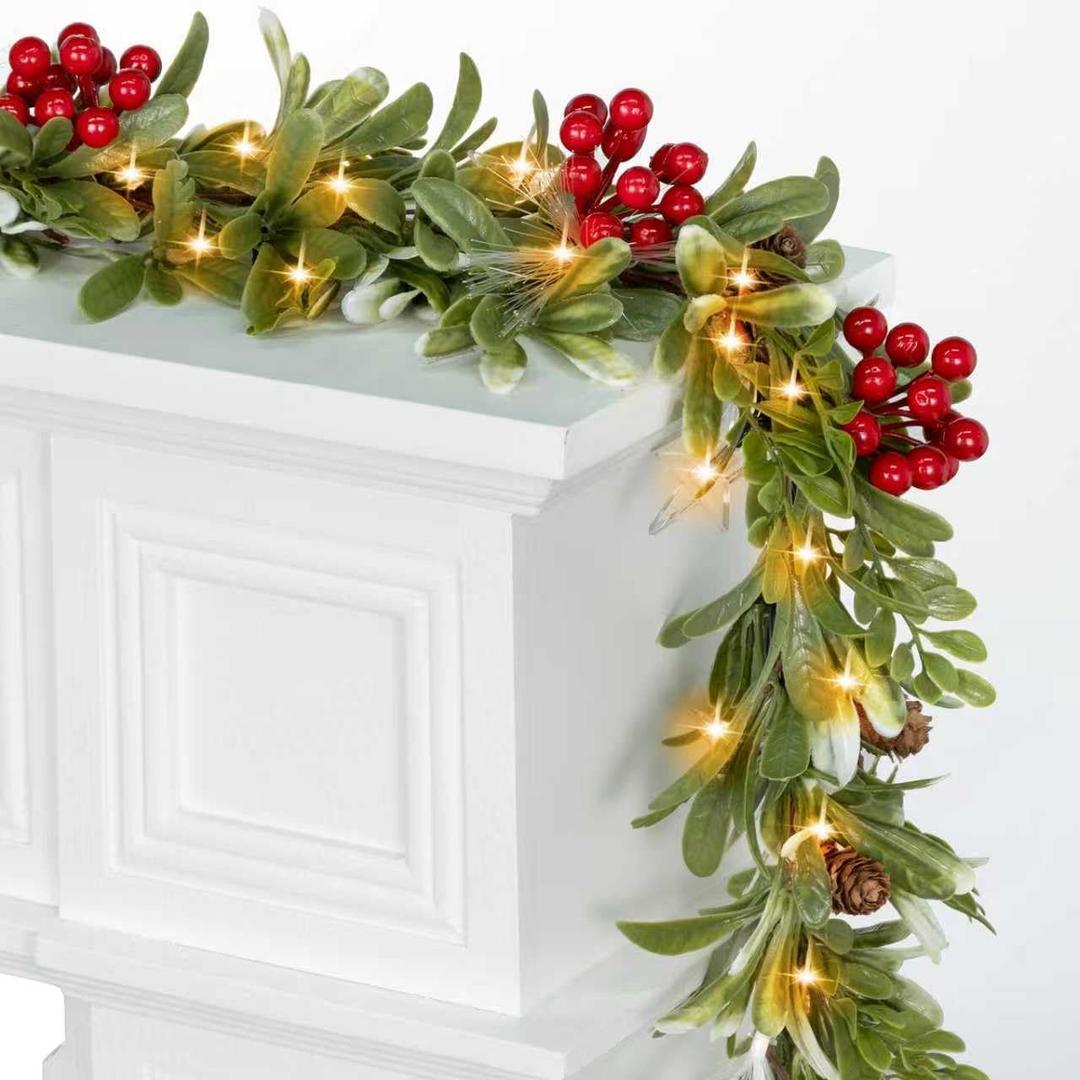 6.5FT Christmas Garland with Lights & Timer, 30 LED Pre-lit Greenery Olive Garland with Red Berry Pinecone, Battery Operated Lighted Garland for Fireplace Mantle Door Stairs Table Christmas Decoration