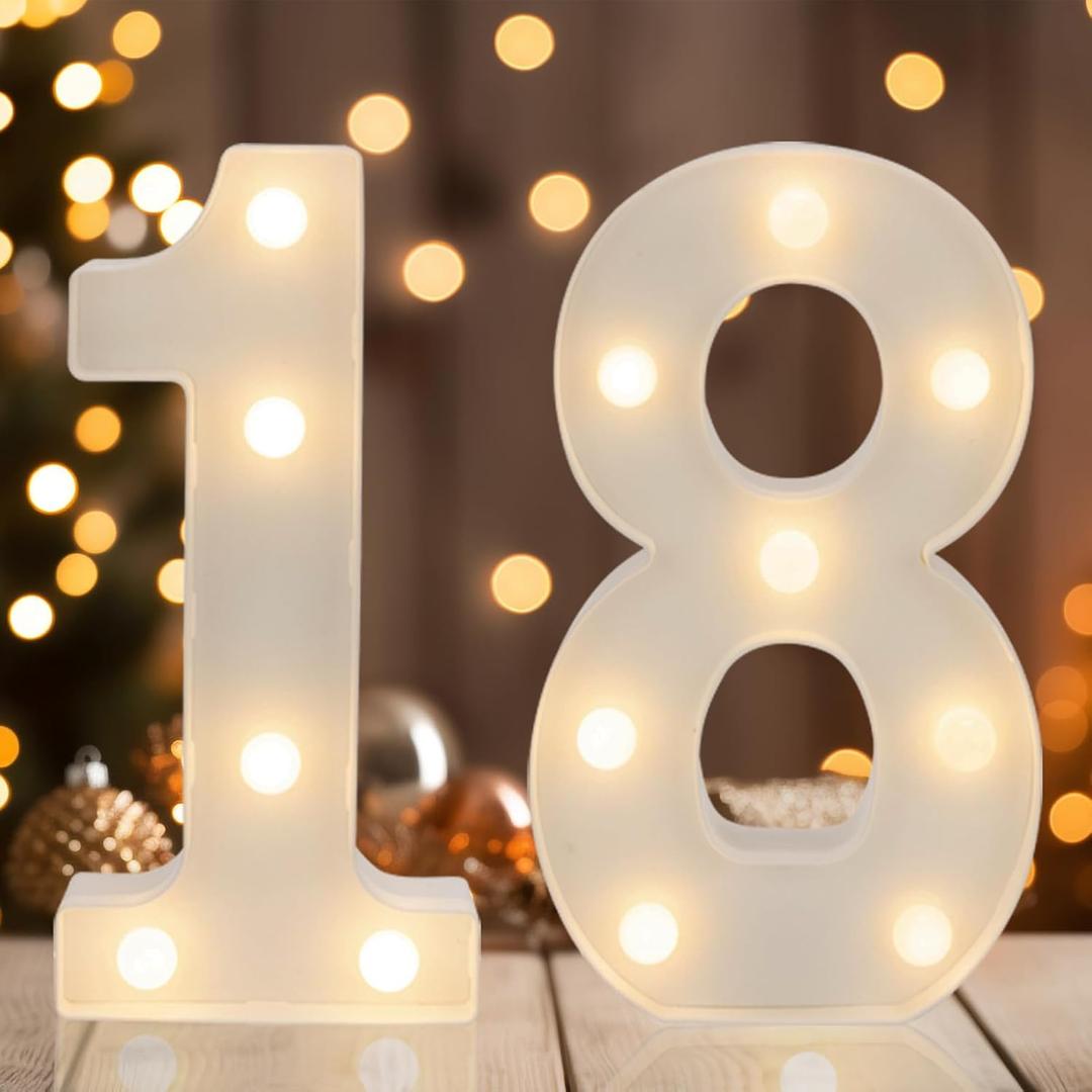 LED 18 Marquee Number Lights, Warm White Decorative LED Light Up Numbers, Battery Operated, for Girls Boys 18th Birthday Party, Graduation, Gifts, Anniversary, Wedding, Home, Bar Decor