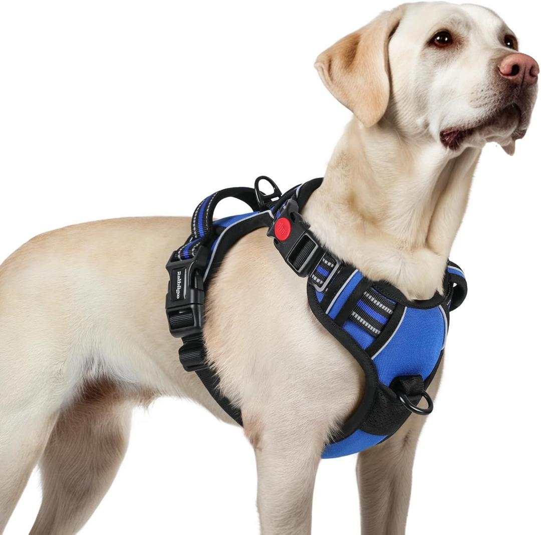 rabbitgoo Dog Harness for Large, No Pull Pet Harness with 3 Buckles, Adjustable Soft Padded Vest with Control Handle, Walking Reflective Pet Vest for Large Dogs, Blue, Large 