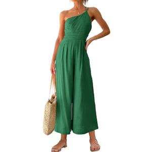 ANRABESS Women's Summer Straps One Shoulder High Waist Dressy Casual Wide Leg Linen Jumpsuit Romper Beach Travel Outfits (Medium)