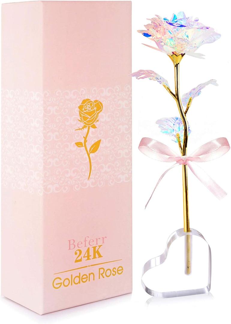 Beferr Gifts for Women Mom Galaxy Rose Glass Crystal Flowers with Heart-Shaped Base Eternal Roses Forever Flowers Mother's Birthday Gifts for Grandma Daughters Wife Sister Kids (Colorful)