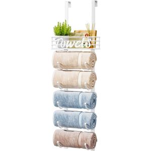 HapiRm Towel Racks for Bathroom Storage - 6 Tier Over The Door & Wall Mount Rolled Towel Storage Organizer Holder with Metal Shelf Basket for Small Bathroom, Camper, Rv - White, Patented
