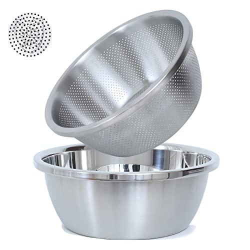 304 Stainless Steel Microporous Colander,2QT Large Capacity with Mixing Bowl For washing vegetables, fruit and rice and for draining cooked pasta(2PC)