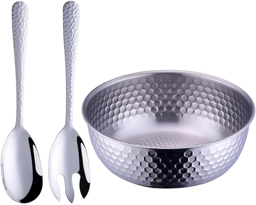 Stainless Steel 80 oz Large Salad Bowl sets with Serving Utensils 12 Inch Salad Spoon and Fork Serving set, Fruit Salad Mixing Bowl Server set of 3, for Hosting Party Kitchen Essentials (Silver)