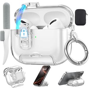Valkit Compatible with Apple Airpods Pro 3 Case 2025, Clear Magnetic Automatic Lock Cases with Phone Stand &Cleaning Kit for Air pod Pro 3 Gen, iPods Pro 3 Earbuds Keychain Case for Airpod Pro 3 Clear
