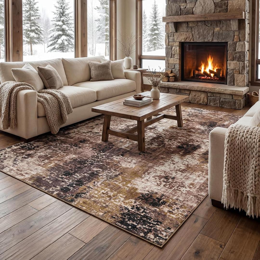 Merelax 8x10 Washable Brown Red Area Rugs for Living Room, Non-Slip Backing Modern Abstract Large Rug, Stain Resistant Low Pile Carpet for Bedroom, Dining Room, Home Office Decor