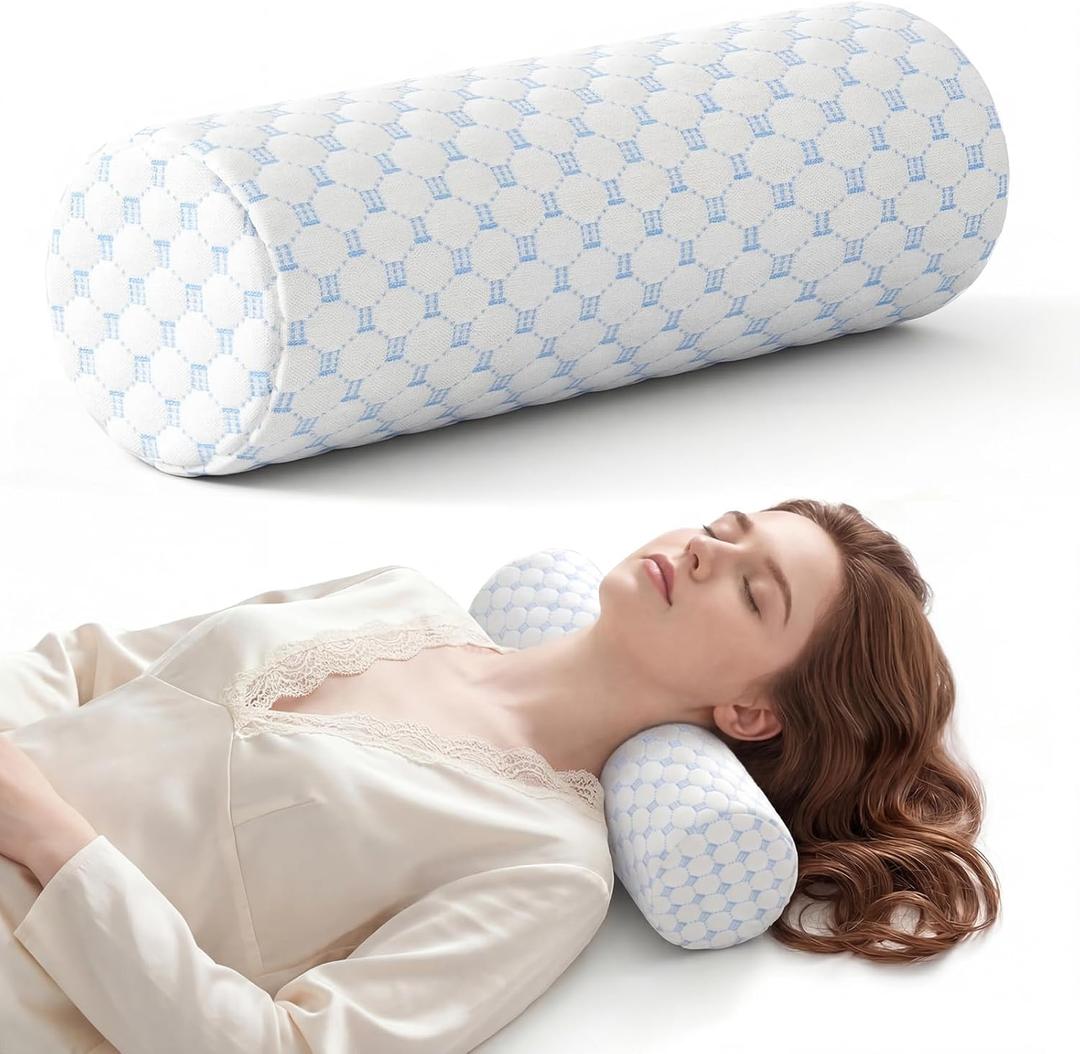 Neck Roll Pillow for Neck Pain Relief - Memory Foam Neck Support Pillow for Bed, Cylinder Pillows, Round Neck Pillow for Sleeping, 15.7 x 5 x 5 inch (Cool-Blue)