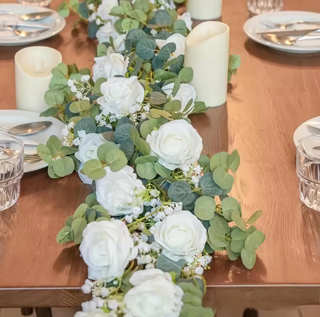Artificial Eucalyptus Vine Fake Rose Flowers Gypsophila Garland Wedding Party Wall Hanging Garland Home Garden Decoration Green Plants
