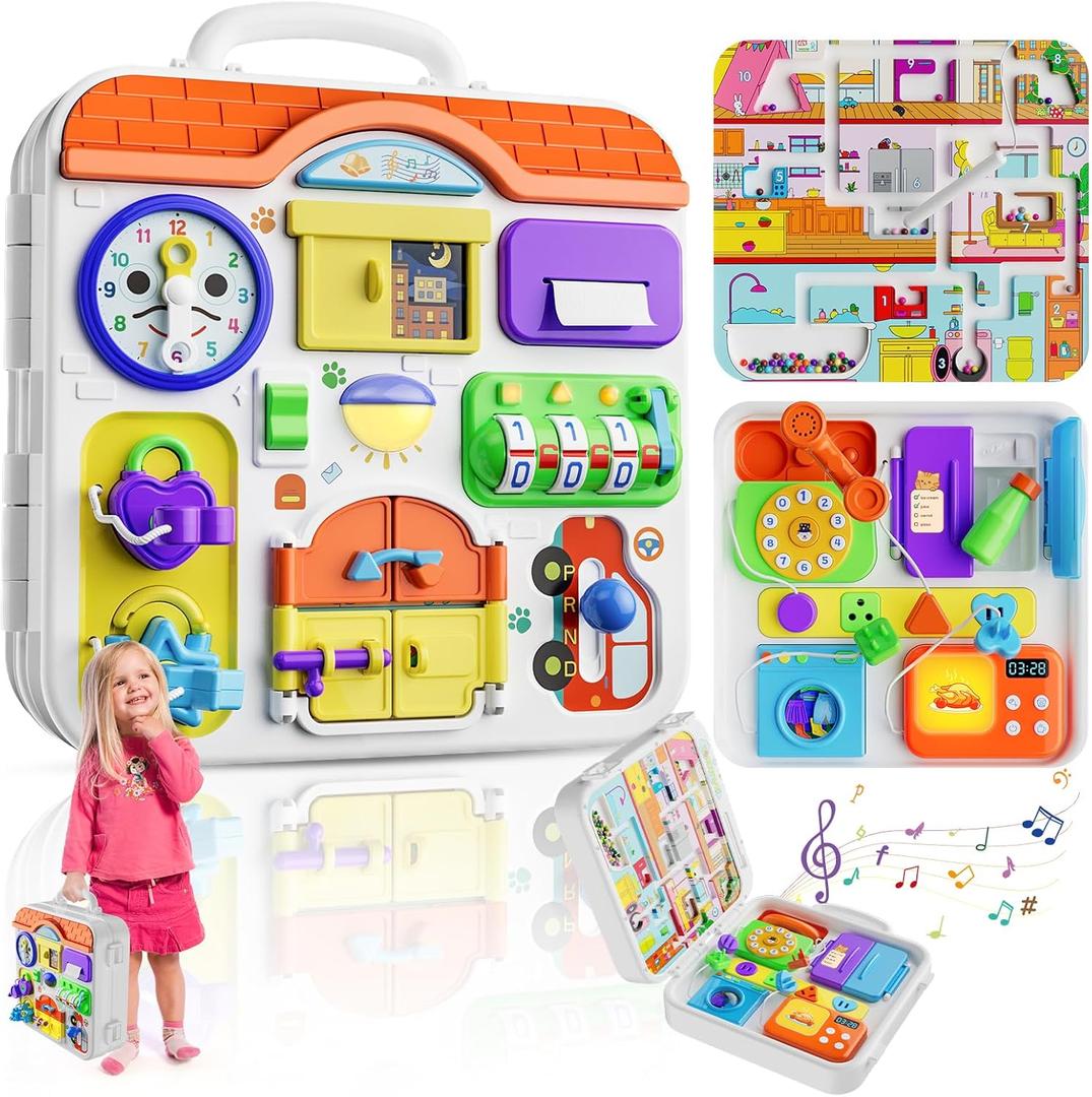 Montessori Toys for 1-2 Year Old Girl Boy Gifts, 15-in-1 Musical Busy Board, Birthday Gift for 1 Year Old Boy Girl, Educational Toddler Toy Age 1-2 (Orange)