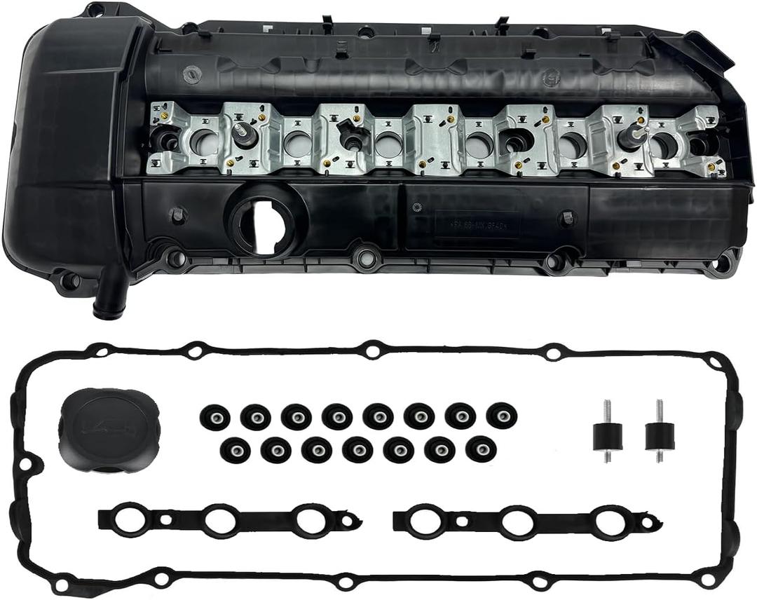 11121432928 Engine Valve Cover Kit W/Gasket&Bolts Compatible with BMW 323i 325i 328i 330i 525i 528i 530i X5 Z3 E46 E39 E53 M52/M54 2.5L 2.8L 3.0L 2001-08/2002 (Plastic)