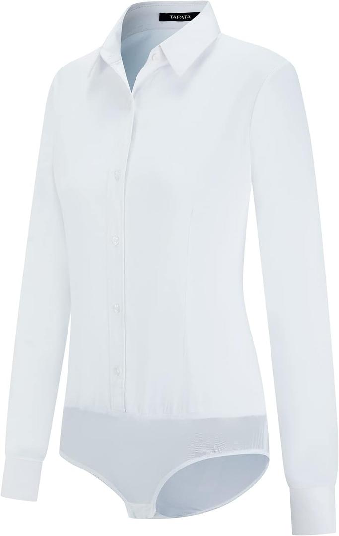 Tapata Womens Bodysuit Blouse Button Down One-Piece Long Sleeve Solid Office Work Shirt Casual Tops (Large, White)