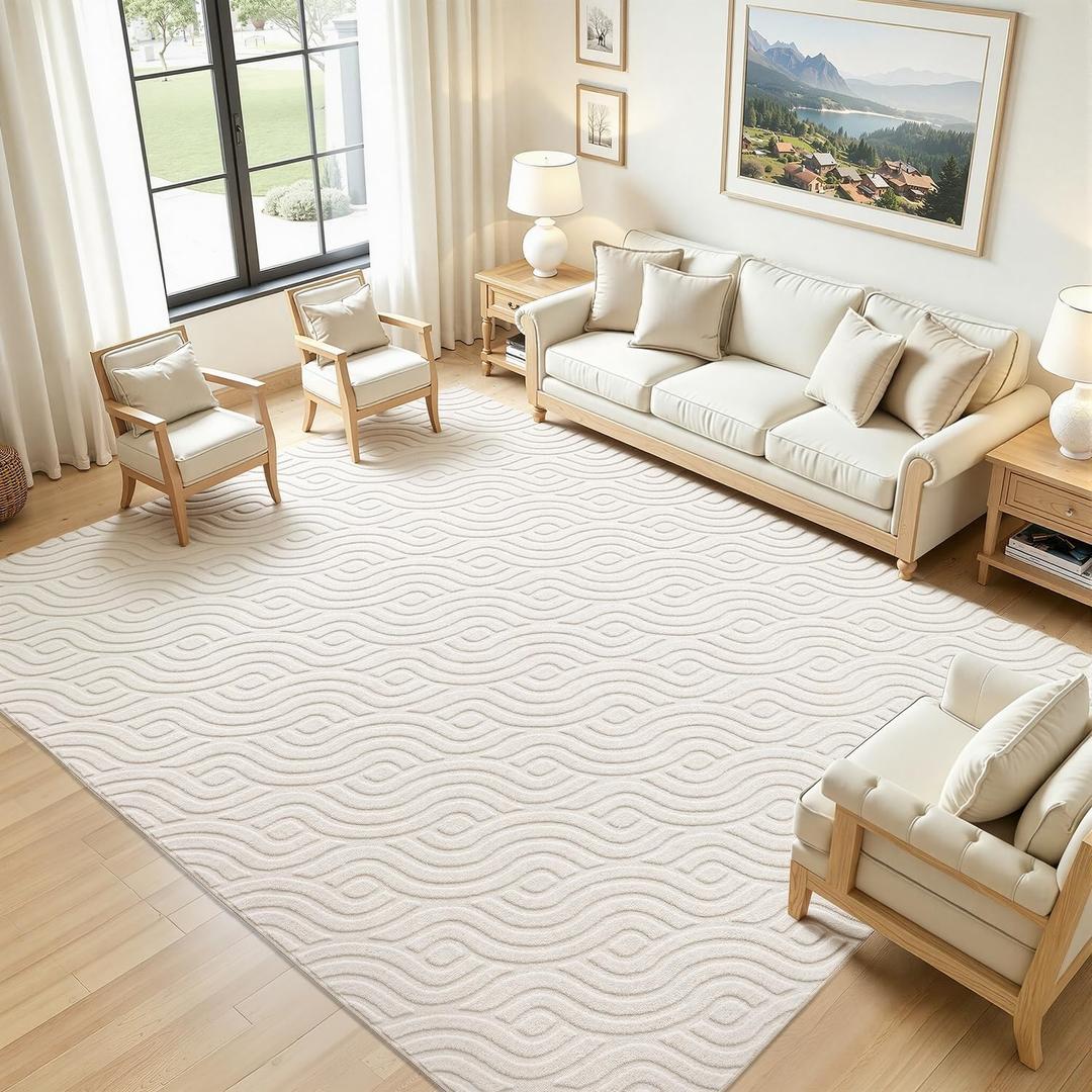 SHACOS 8x10 Large Area Rugs for Living Room Beige Solid Color Soft Fluffy Rug for Bedroom Non Slip Washable Indoor Mat Floor Carpet for Kids Room Nursery Office, High-Low Pile Boho Modern Rug, 810