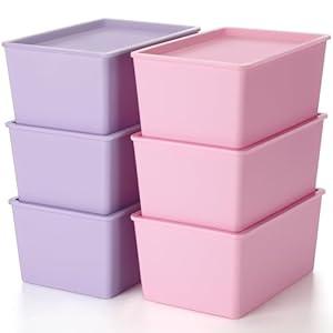 Menkxi 6 Pcs Storage Bins with Lids Small Plastic Storage Containers Stackable Storing Baskets Box Cute Organizer Bins for Organizing Shelves (Pink,Purple)