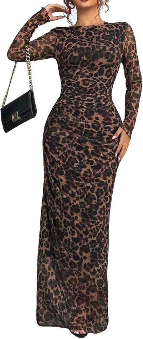 Women's Long Sleeves Maxi Bodycon Dress Tie Dye Ruched Mesh Layer Prom Formal Wedding Elegant Dresses (Medium, Leopard Print)