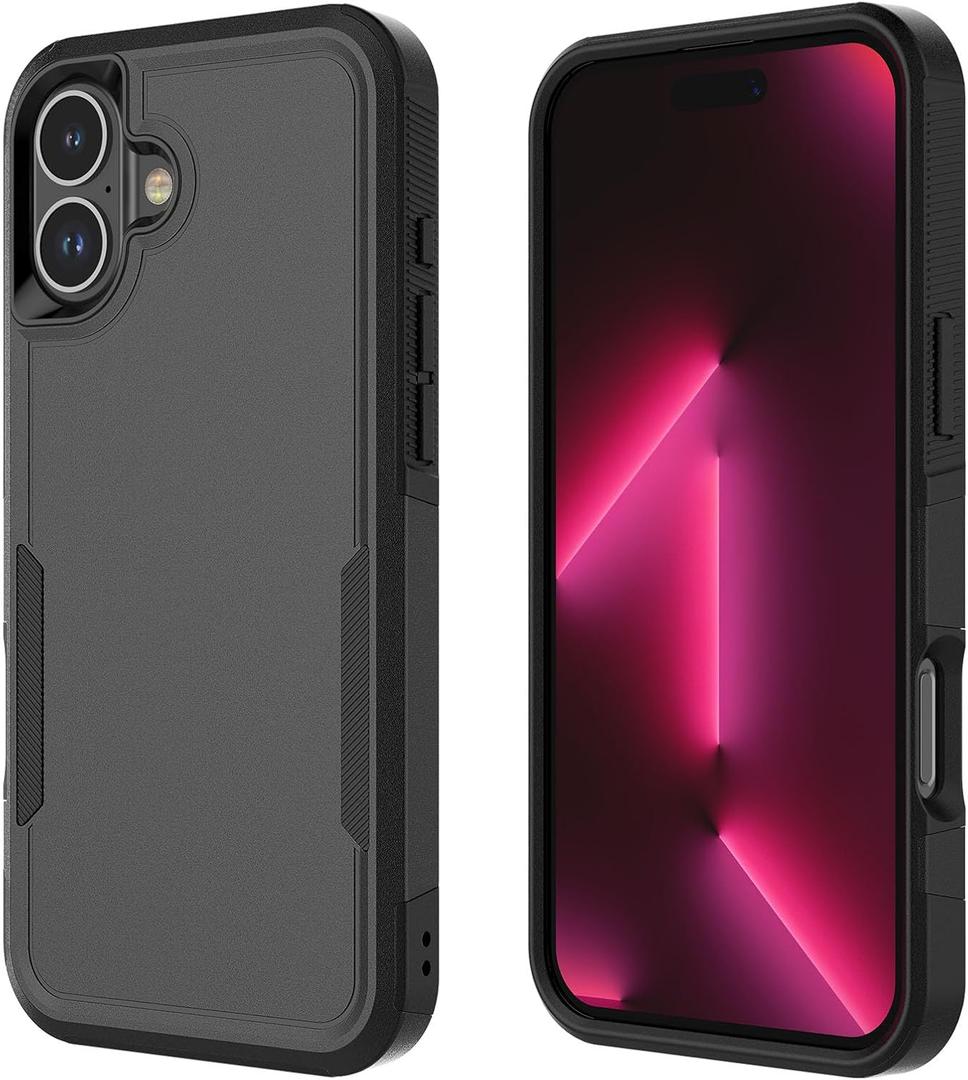 Compatible with iPhone 16 Case, Drop Protection Shockproof Protective Hybrid Dual Layer Hard Plastic Cover + Shock Absorbing Silicone Rubber Case for iPhone 16 6.3", Black
