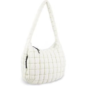 Quilted Puffer Tote Bag Purse Puffy Crossbody Shoulder Bag,Lightweight Nylon Hobo Bag Puffer Carryall Bag for Women Girl (Medium, Beige)