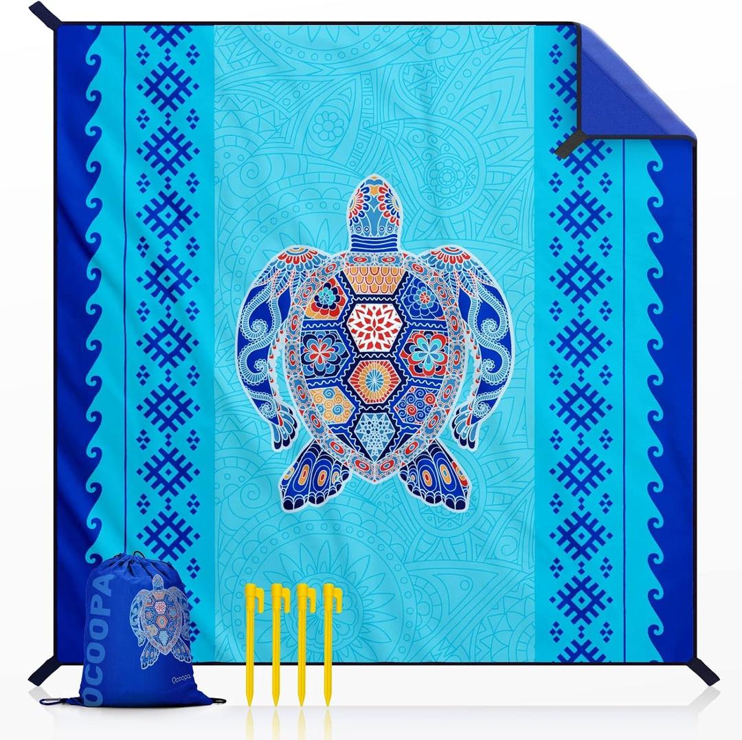 OCOOPA Beach Blanket Waterproof Sandproof, 10'X 9' Extra Large, Soft and Sturdy, Light Weight and Portable, Perfect for Beach Vacation, Famlily Park Picnic, Travel Camping, Outdoor Gifts (XX-Large( 8 adults ), Bohemian Turtle)