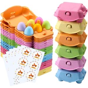 Half Dozen Egg Cartons 24 Pack, Colorful Blank Natural Pulp Egg Holder 6 Count for Chicken Eggs Reusable, Easter Color Storage Box for Holds Up to Six Container Basket Cardboard Paper, 24 Labels