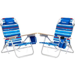 SUNNYFEEL Folding Beach Chair, Aluminum Heavy Duty Beach Chair with 5-Position, Portable Camping Chair for Adult, Low Back, Wood Armrest, Lightweight, 300lbs, Blue Stripe, 2 Pack