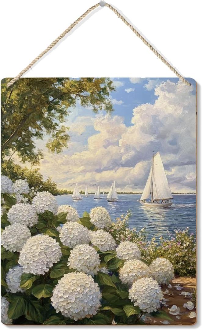 Wihte Hydrangea Floral Signs, Summer Coastal Landscape Wooden Plaque Signs Wall Hanging for Home Porch Front Door Decorations, Beachy Wall Decor, 10x8 Inch