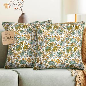 CPC 100% Cotton Throw Pillow Covers 18x18 Inch, Set of 2 Blue Block Print Pattern Couch Pillow, Cute Boho Decorative Pillows for Living Room, Bedroom with Hidden Zipper- Harvest Bloom